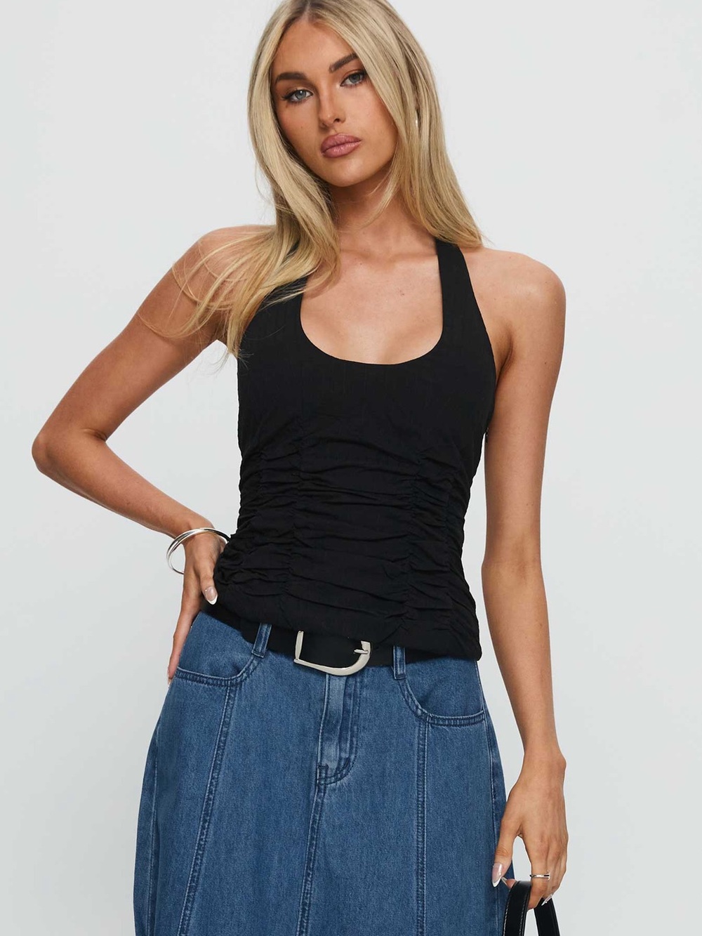 Princess Polly Black Ruched Racerback Tank